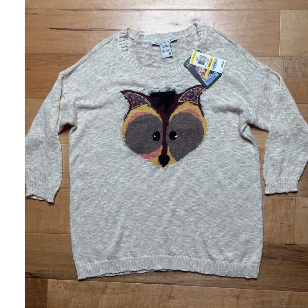 American Rag Sweater Owl Graphic Women M Cream Cotton Knit NEW